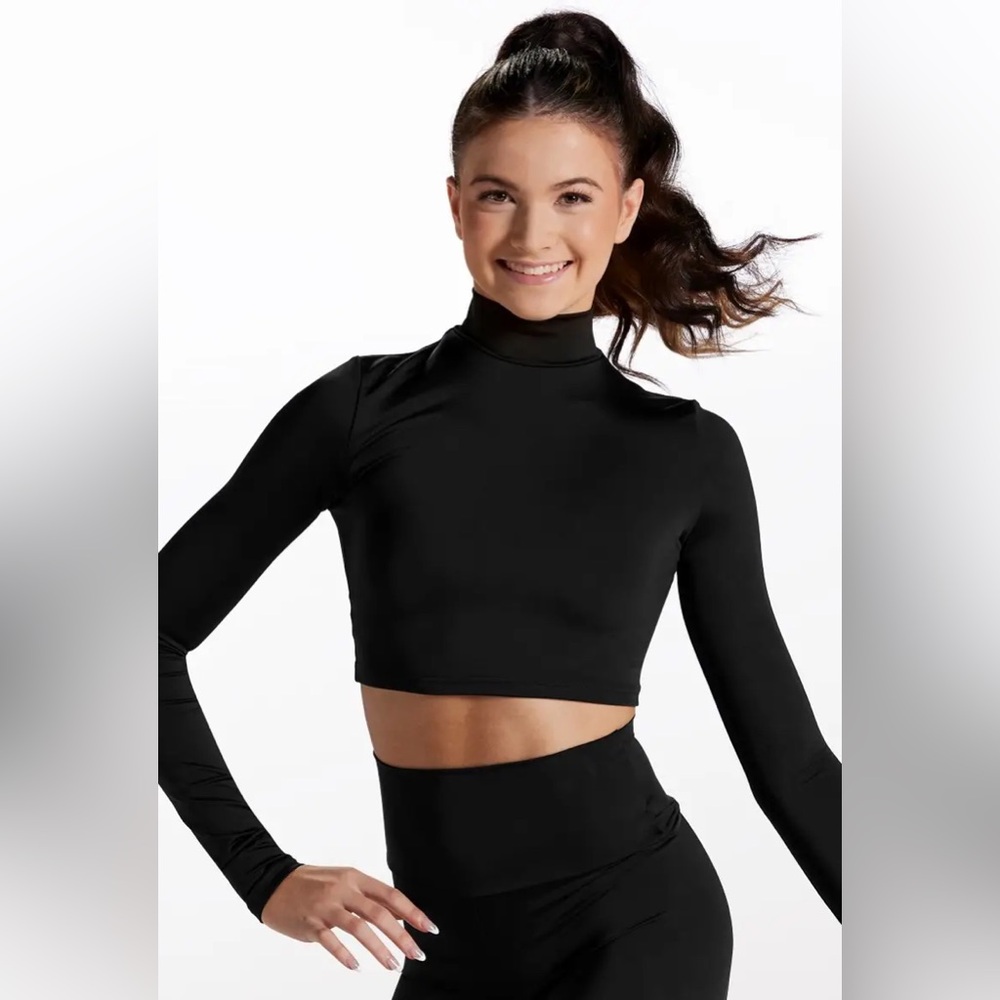 Weissmans Black Long Sleeve Mock Neck Crop Top